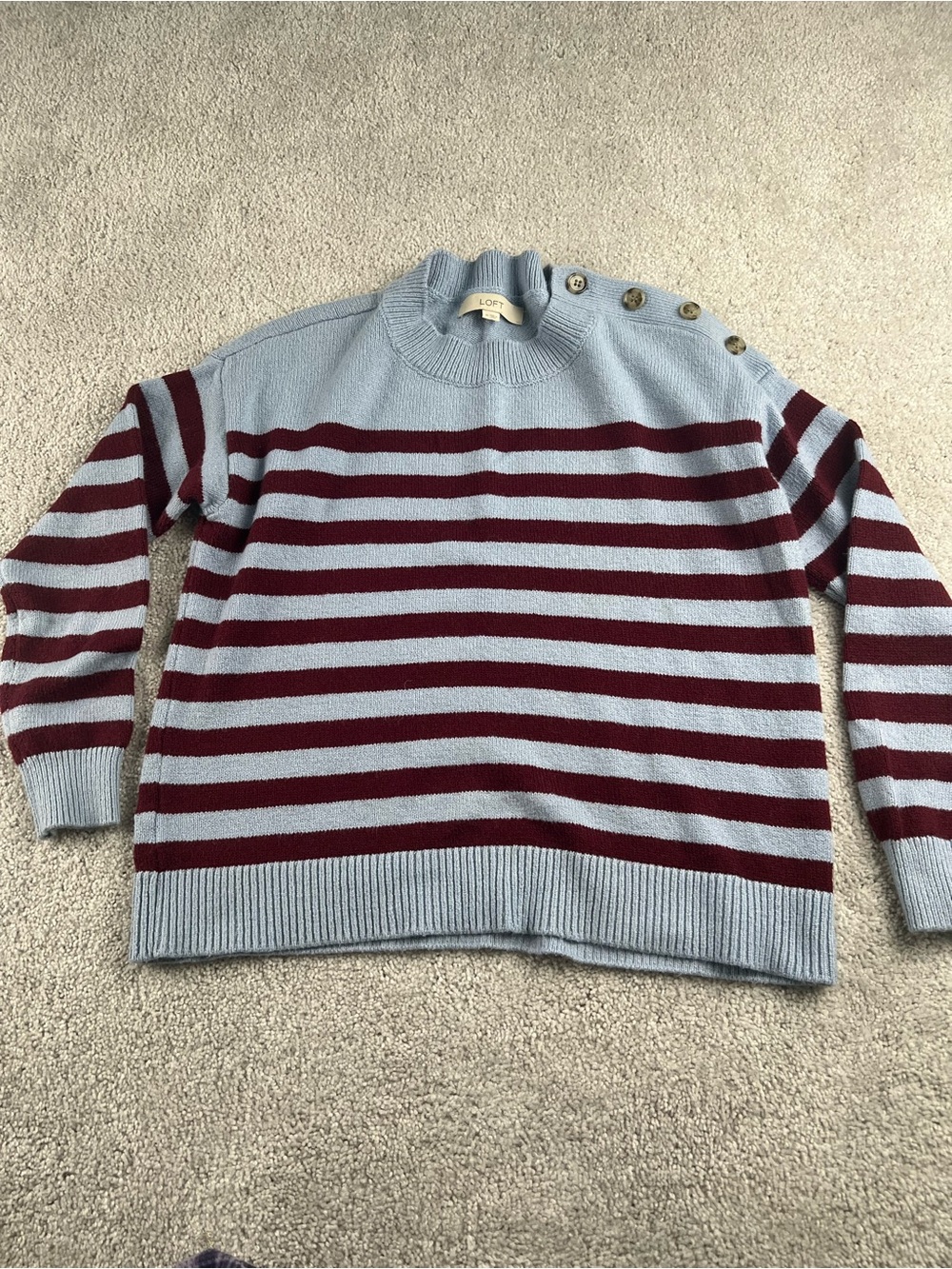 LOFT Striped Crew Sweater in Light Blue and Burgundy